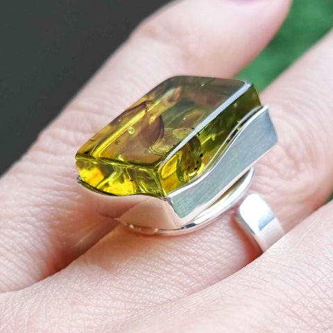 Green Amber Free Shape Bead Adjustable Ring Sterling Silver With Insect