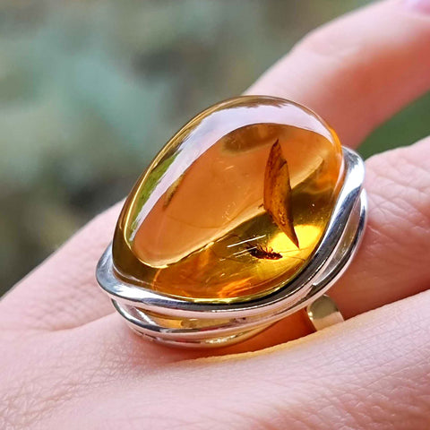 Natural Amber Free Shape Bead Adjustable Ring Sterling Silver With Insect