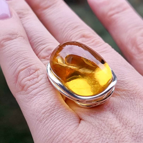 Natural Amber Free Shape Bead Adjustable Ring Sterling Silver With Insect