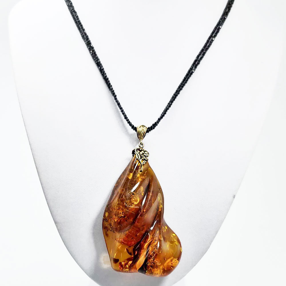 Cognac Amber Wave Pendant with Spinel Beads Necklace