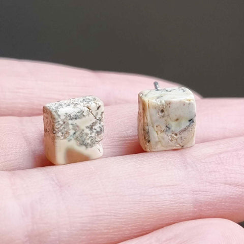 Milky Fossil Amber Square Stud Earrings Sterling Silver