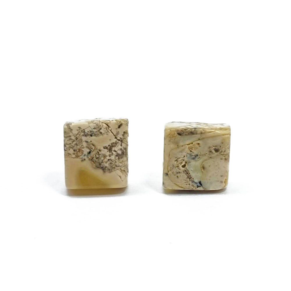 Milky Fossil Amber Square Stud Earrings Sterling Silver