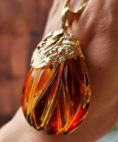 Carved Amber Drop Shape Pendant 14k Gold Plated