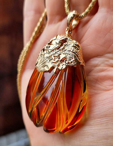 Carved Amber Drop Shape Pendant 14k Gold Plated