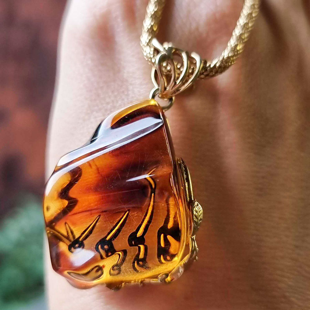 Carved Amber Free Shape Pendant 14k Gold Plated