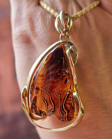 Carved Amber Free Shape Pendant 14k Gold Plated