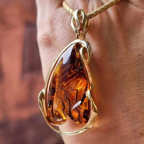 Carved Amber Free Shape Pendant 14k Gold Plated