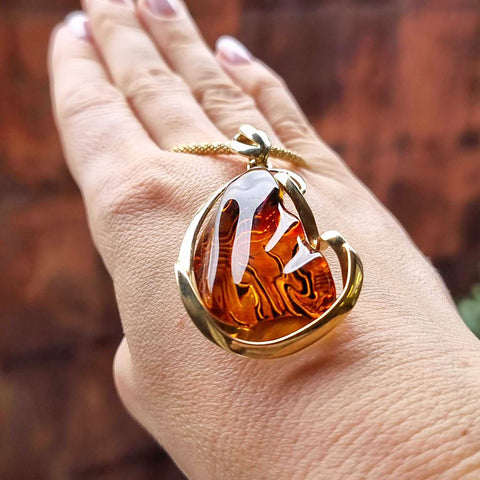 Carved Amber Free Shape Pendant 14k Gold Plated