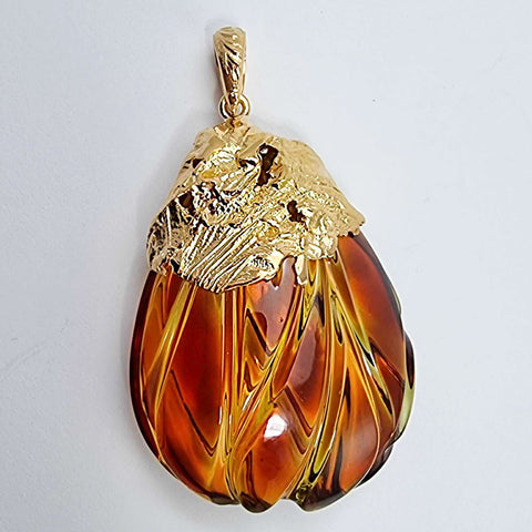 Carved Amber Drop Shape Pendant 14k Gold Plated