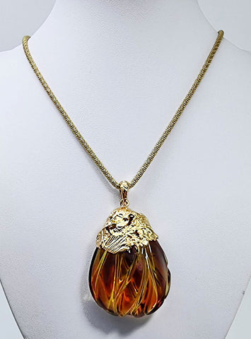 Carved Amber Drop Shape Pendant 14k Gold Plated