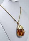 Carved Amber Drop Shape Pendant 14k Gold Plated