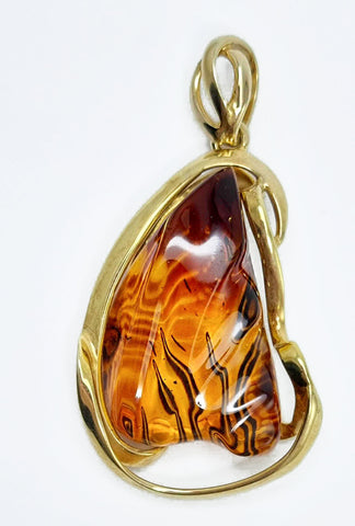 Carved Amber Free Shape Pendant 14k Gold Plated