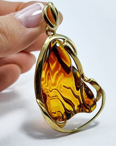 Carved Amber Free Shape Pendant 14k Gold Plated