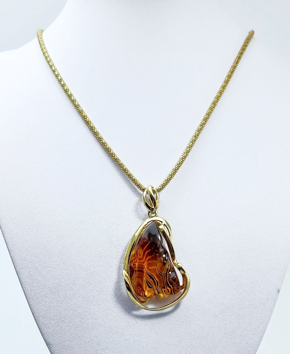 Carved Amber Free Shape Pendant 14k Gold Plated