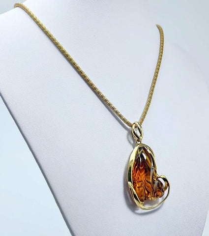 Carved Amber Free Shape Pendant 14k Gold Plated