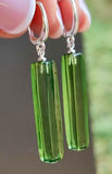 Green Amber Rectangular Dangle Earrings Sterling Silver
