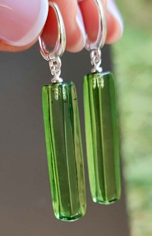 Green Amber Rectangular Dangle Earrings Sterling Silver