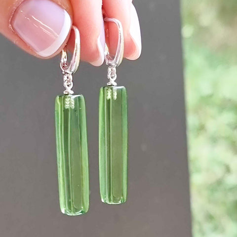 Green Amber Rectangular Dangle Earrings Sterling Silver