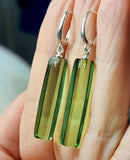 Green Amber Rectangular Dangle Earrings Sterling Silver