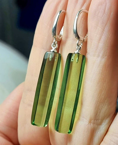 Green Amber Rectangular Dangle Earrings Sterling Silver