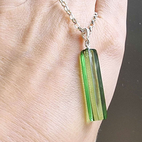 Green Amber Rectangular Pendant Sterling Silver