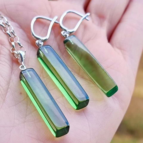 Green Amber Rectangular Dangle Earrings Sterling Silver