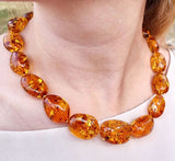 Cognac Amber Big Nugget Beads Necklace 14k Gold Plated