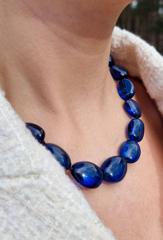 Blue Amber Nuggets Beads Necklace