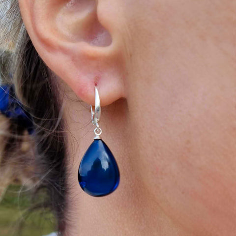 Blue Amber Drop Dangle Earrings 14K Gold Plated