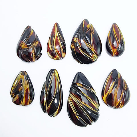 Gradient Color Amber Carved Drop Shape Cabochon