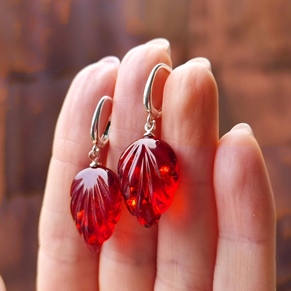 Red Amber Leaf Dangle Earrings Sterling Silver