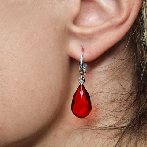 Red Amber Faceted Teardrop Dangle Earrings Sterling Silver