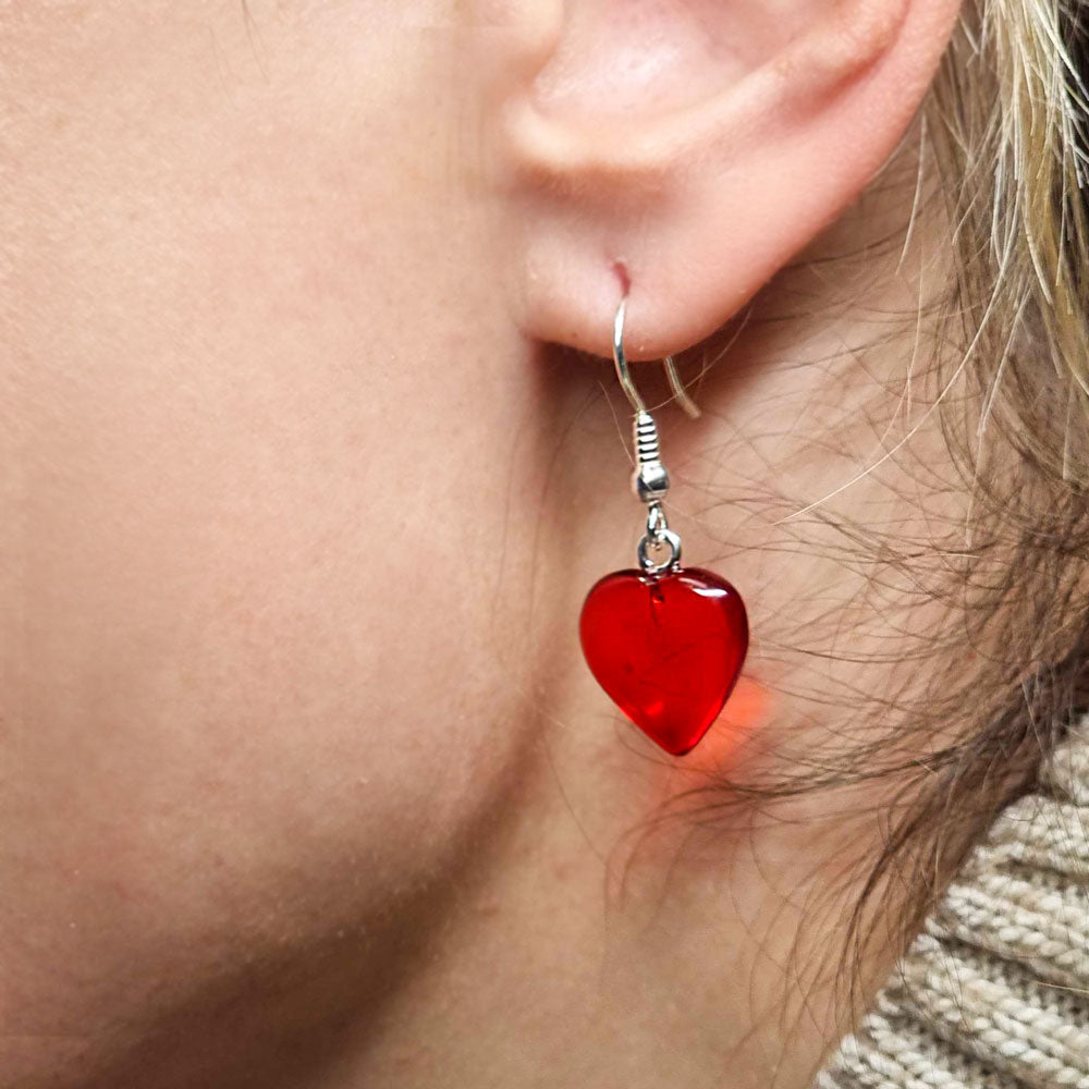 Red Amber Heart Dangle Earrings Sterling Silver