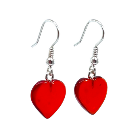 Red Amber Heart Dangle Earrings Sterling Silver