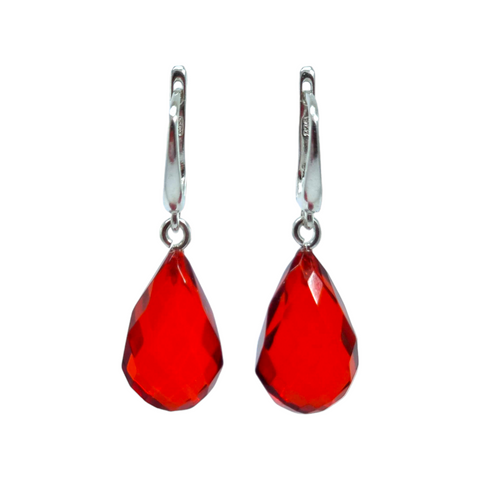 Red Amber Faceted Teardrop Dangle Earrings Sterling Silver