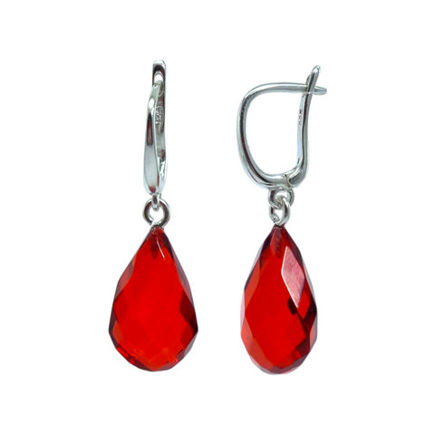 Red Amber Faceted Teardrop Dangle Earrings Sterling Silver