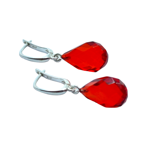 Red Amber Faceted Teardrop Dangle Earrings Sterling Silver