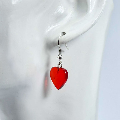 Red Amber Heart Dangle Earrings Sterling Silver