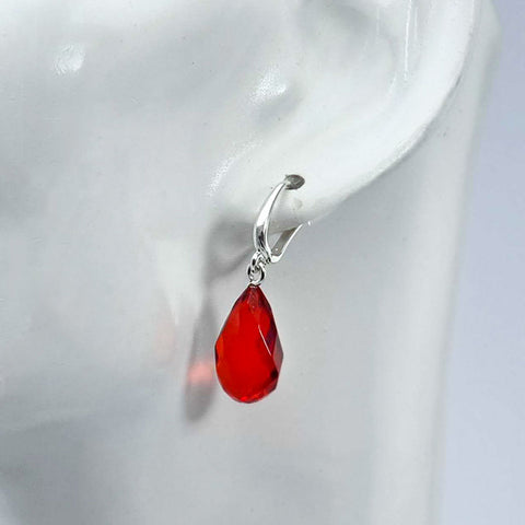 Red Amber Faceted Teardrop Dangle Earrings Sterling Silver