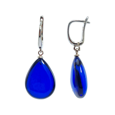 Blue Amber Drop Dangle Earrings 14K Gold Plated