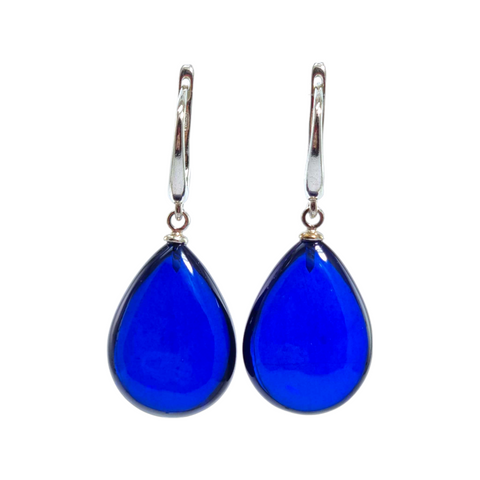 Blue Amber Drop Dangle Earrings 14K Gold Plated