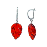 Red Amber Leaf Dangle Earrings Sterling Silver