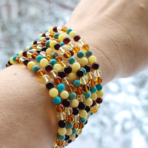 Multi-Color Amber Round Beads Stretch Bracelet