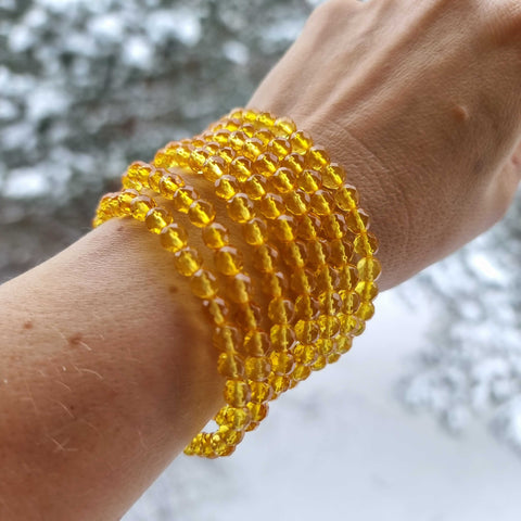 Lemon Amber Round Faceted Beads Stretch Bracelet