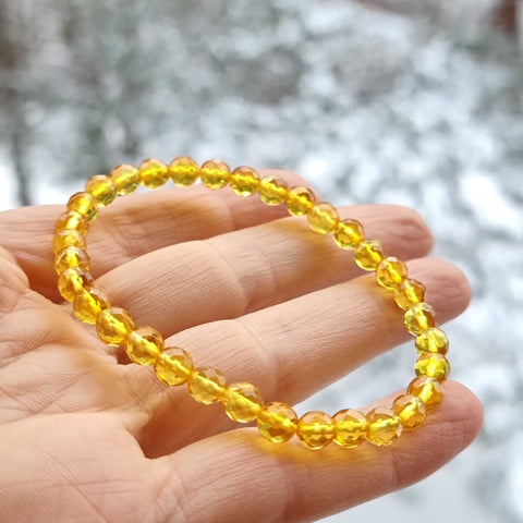 Lemon Amber Round Faceted Beads Stretch Bracelet