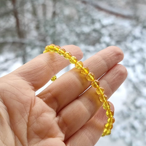 Lemon Amber Round Faceted Beads Stretch Bracelet