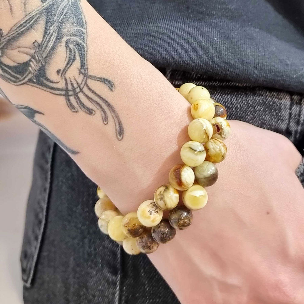 Milky Fossil Amber Round Beads Stretch Bracelet