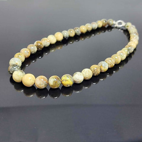 Milky Fossil Amber Round Beads Necklace Sterling Silver