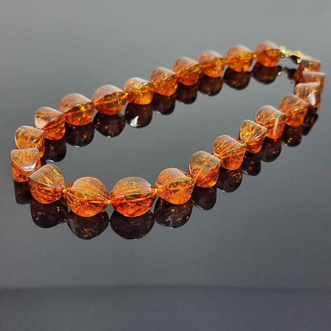 Cognac Amber Twisted Olive Beads Necklace 14k Gold Plated