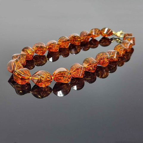 Cognac Amber Twisted Olive Beads Necklace 14k Gold Plated